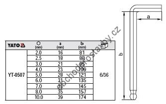 Sada šestihranných HEX imbusových klíčů YATO, 9ks s kuličkou 2-10mm YT-0507