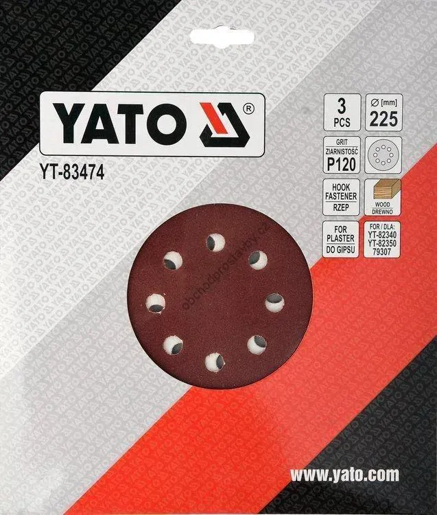 Brusný papír YATO 3 ks, kulatý 225mm, P120 se suchým zipem, YT-83474