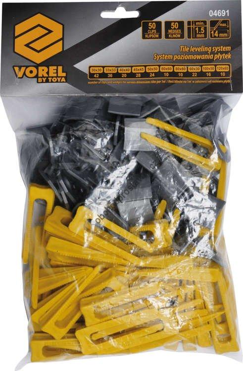 Nivelační systém VOREL na obklady a dlažbu, 50ks spon + 50ks klínů TO-04691