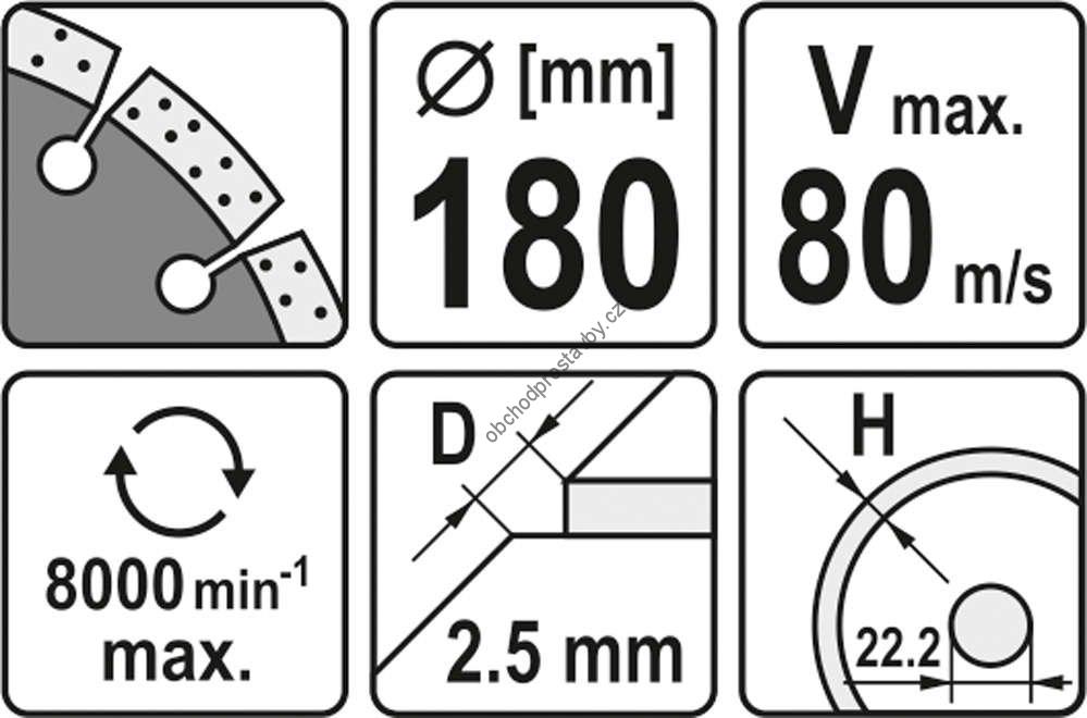 Diamantový kotouč YATO, řezný segmentový 180x22,2x2,5mm, segment 8mm YT-6004