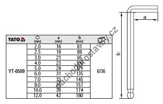 Sada šestihranných HEX imbusových klíčů YATO, 10ks s kuličkou 2-12mm CrV s kuličkou YT-0509