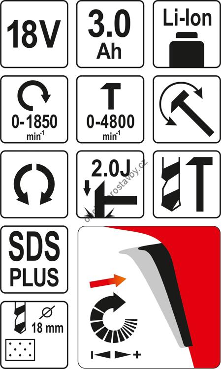 Kombinované vrtací kladivo YATO akumulátorová 18V 3Ah, SDS plus, YT-82770