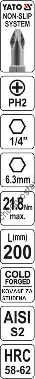 Bit, nástavec YATO,šestihran HEX 1/4" prodloužený 200mm, křížový PH2, YT-0487