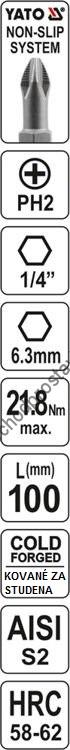 Bit, nástavec YATO,šestihran HEX 1/4" prodloužený 100mm, křížový PH2, YT-0485