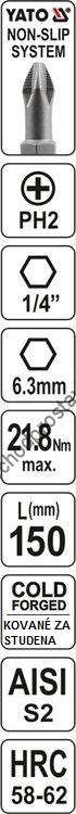 Bit, nástavec YATO,šestihran HEX 1/4" prodloužený 150mm, křížový PH2, YT-0486