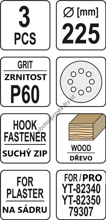 Brusný papír YATO 3 ks, kulatý 225mm, P60 se suchým zipem, YT-83471