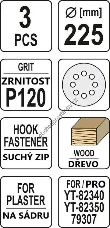Brusný papír YATO 3 ks, kulatý 225mm, P120 se suchým zipem, YT-83474