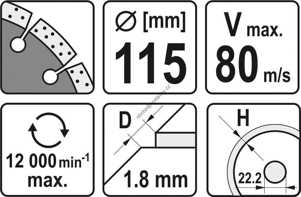 Diamantový kotouč YATO, řezný segmentový 115x22,2x1,8mm s vysokým segmentem 10mm YT-59961