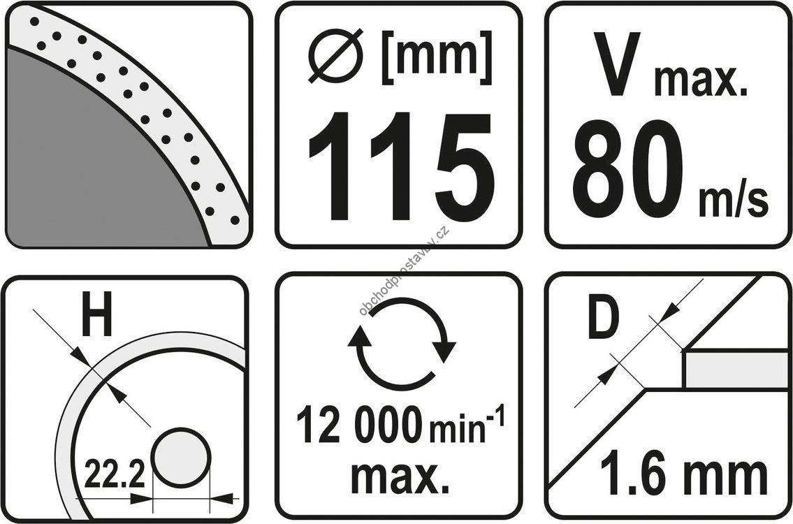 Diamantový kotouč YATO, řezný celoobvodový 115x22,2x1,6mm s vysokým segmentem 10mm YT-59951