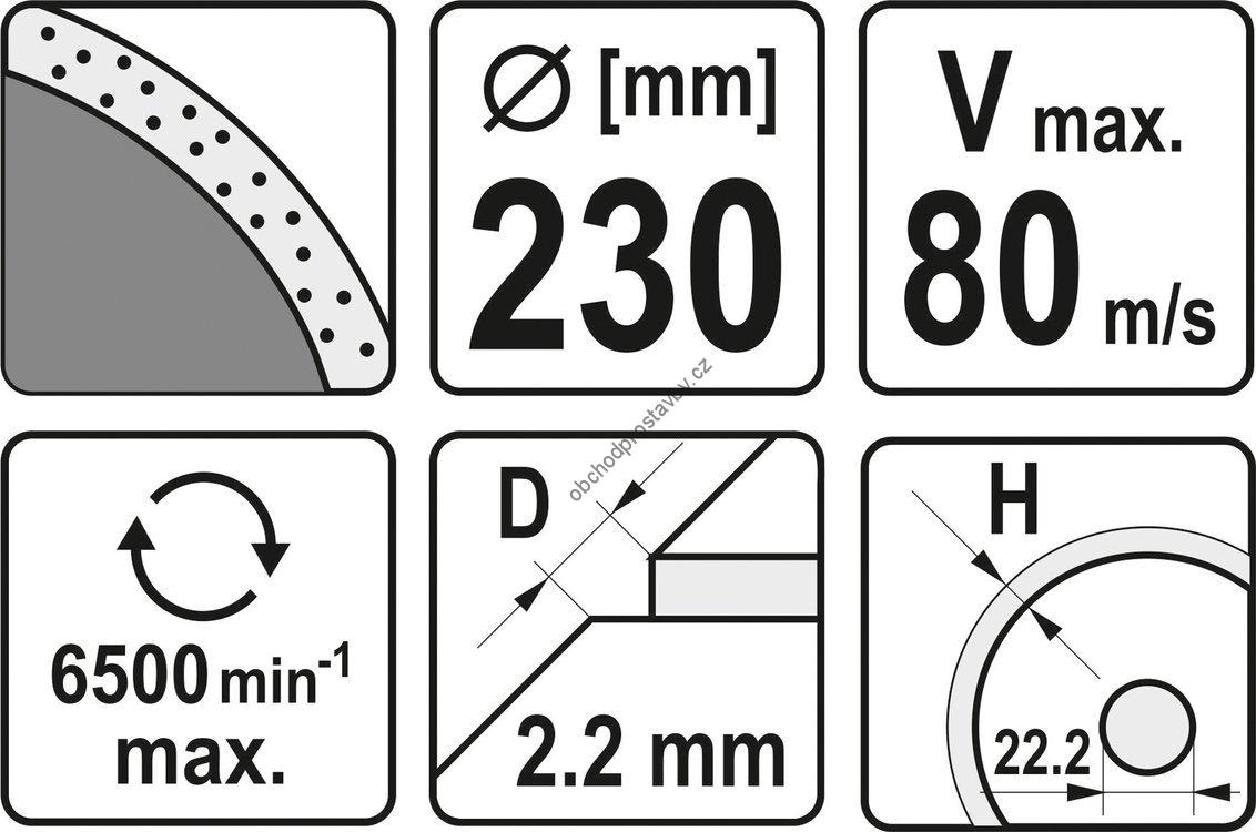 Diamantový kotouč YATO, řezný celoobvodový 230x22,2x2,2mm s vysokým segmentem 10mm YT-59955