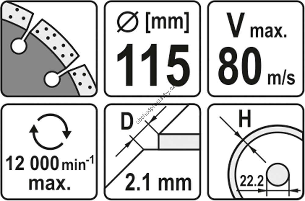 Diamantový kotouč YATO, řezný segmentový 115x22,2x2,1mm, segment 8mm YT-6002