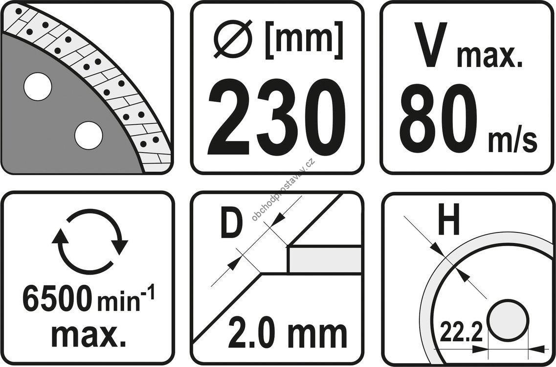 Diamantový kotouč YATO, řezný celoobvodový 230x22,2x2mm turbo s vysokým segmentem 10mm YT-59985