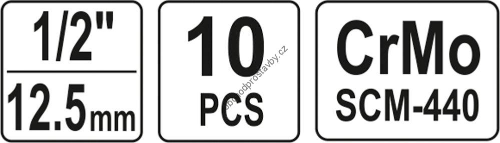 Gola sada 10 ks rázových nástavců, ořechů 10-22 mm YATO pro pneumatické nářadí YT-1025