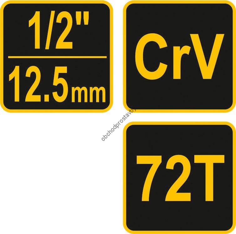 Ráčna 1/2" s vyhnutou plastovou rukojetí VOREL, 72 zubů, délka 250 mm TO-53577