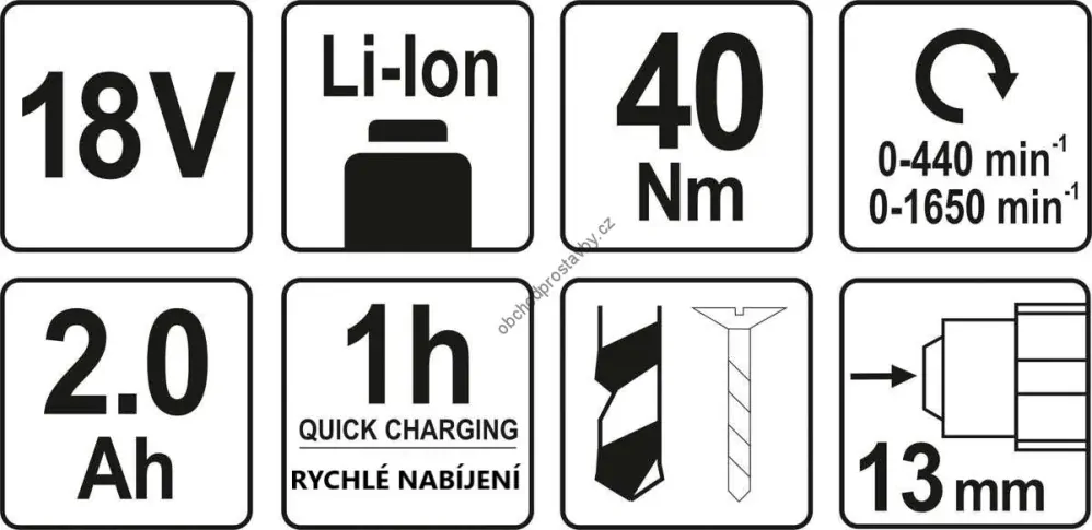 Akumulátorová 18V vrtačka YATO 13mm, 40Nm, 2Ah Li-Ion YT-82780