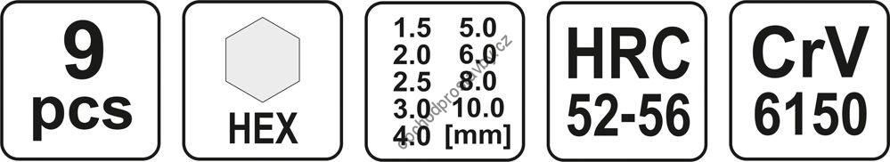 Sada šestihranných HEX, imbusových klíčů YATO, 9ks 1,5-10mm YT-0500