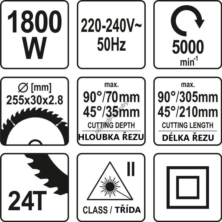 Profesionální pokosová pila YATO 1800W, kotouč 255 mm, laserové ukazovátko YT-82173
