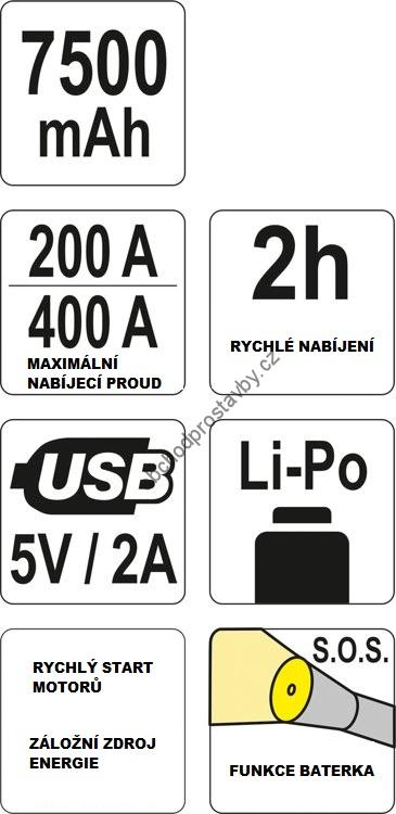 Záložní kapesní startovací baterie YATO 7500 mAh, s funkcí powerbanka a svítilna YT-83080