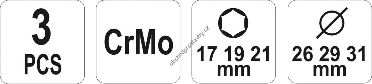 Sada 3 ks rázových 1/2" nástrčných šestihranných klíčů, ořechů 17, 19, 21 mm  YATO pro hliníkové ráfky YT-1056