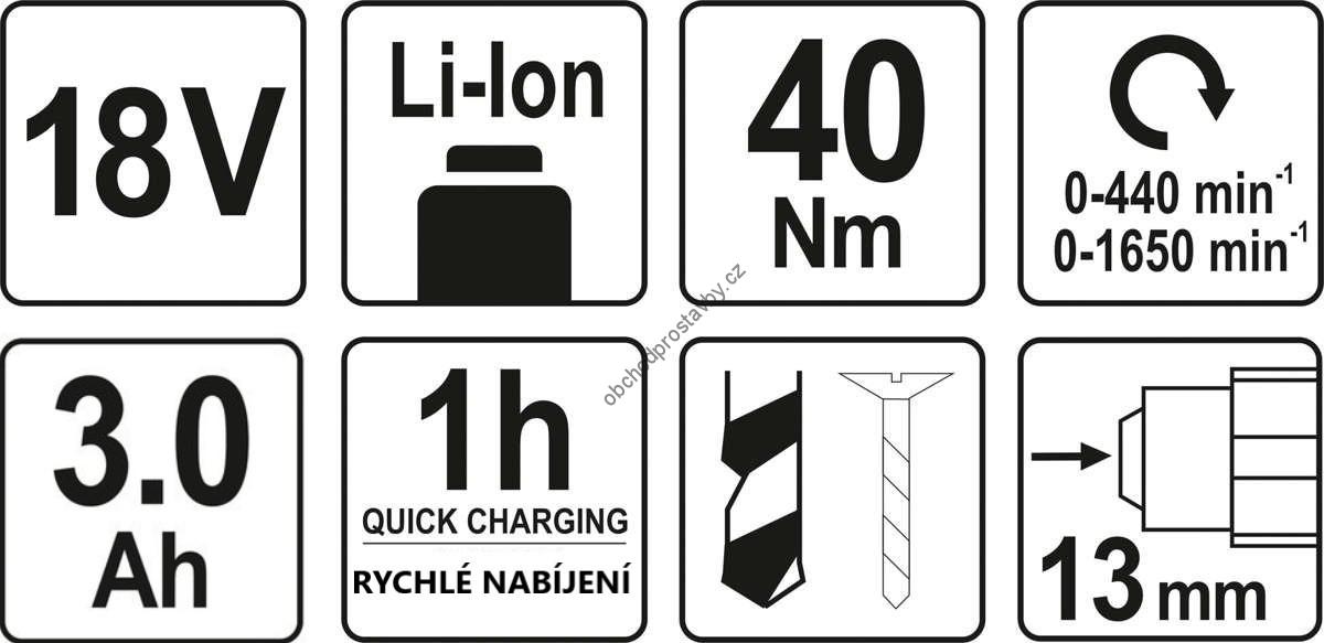 Akumulátorová 18V vrtačka YATO 13mm, 40Nm, 2x3Ah Li-Ion YT-82784