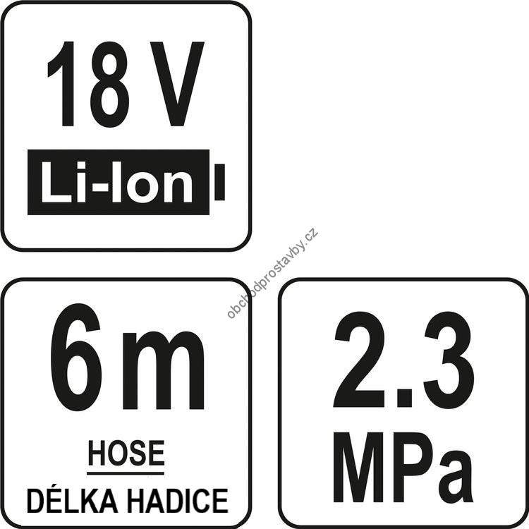 Akumulátorová 18V tlaková myčka, vapka YATO, 23bar, s funkcí samonasávání, délka hadice 6m YT-85930