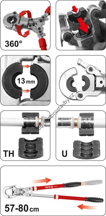 Lisovací kleště YATO na trubky PEX-AL-PEX + sada čelistí 8ks 16-32mm YT-21735